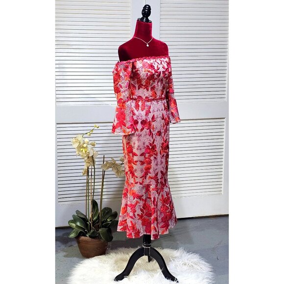 Marchesa Notte Women Red Pink Embroidery Tea Length Dress Off Shoulder Sz 6 2569 - Picture 7 of 16